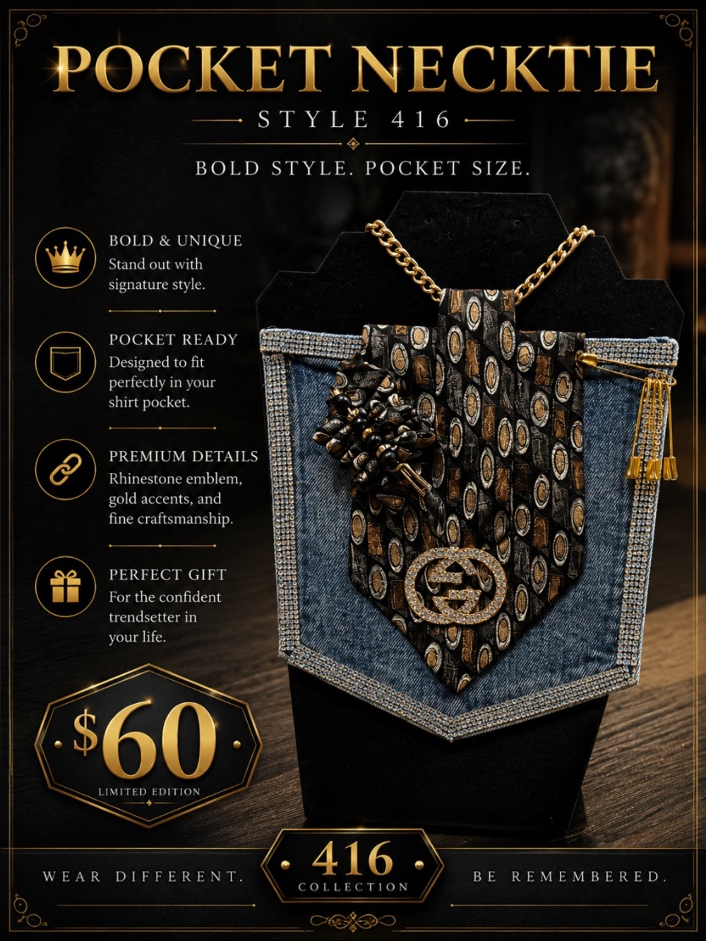 Pocket Necktie Style 416 - Black & Gold Pocket